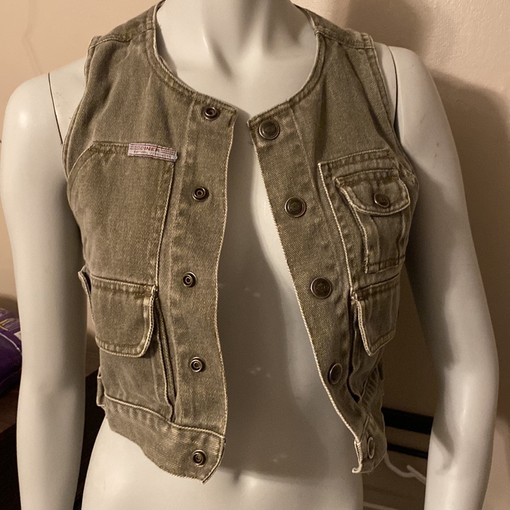 Genuine Diner Sportswear Denim Vest Vintage Snap Button Green Small Cropped